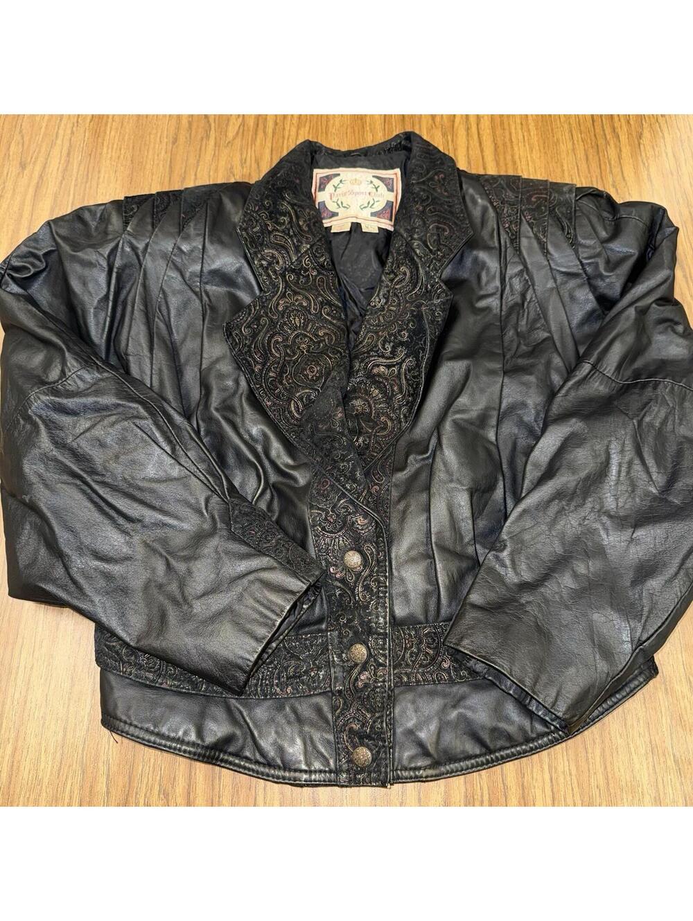 Vintage 1980s Paris Sport Club Paisley Leather Suede Jacket Womens L Black Korea